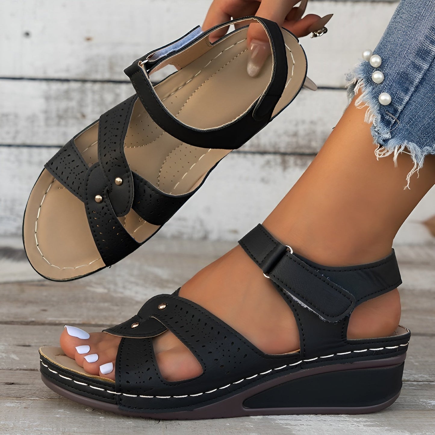 Sandalias Cuña Mujer Piel Abiertas Ajuste Cómodo