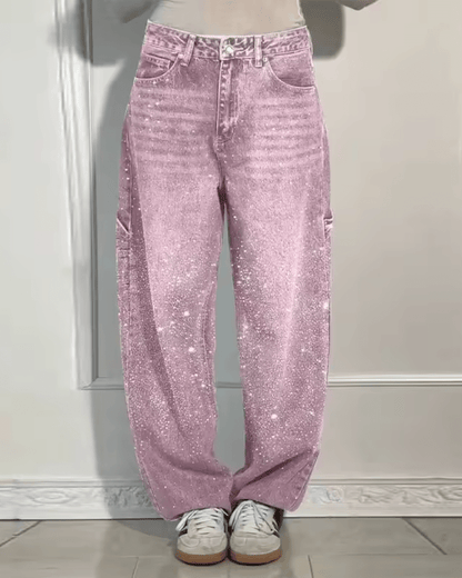 Jeans Mujer Corte Globo con Brillo Estilo Carpenter