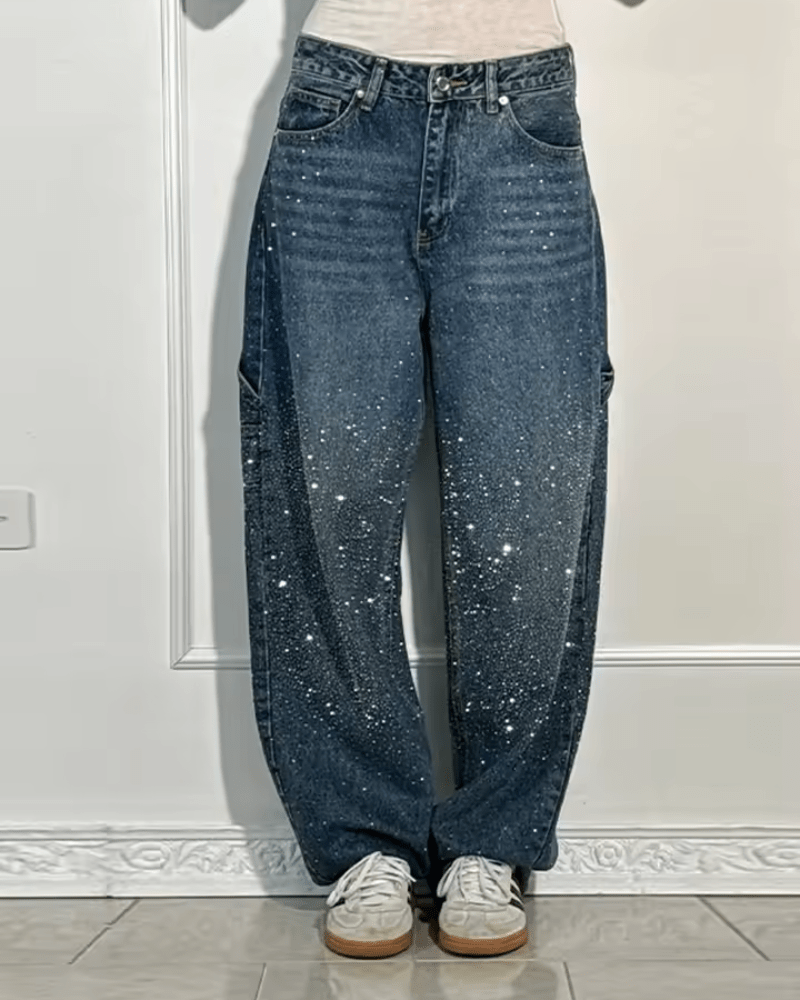 Jeans Mujer Corte Globo con Brillo Estilo Carpenter - Mavetta