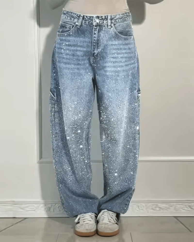 Jeans Mujer Corte Globo con Brillo Estilo Carpenter