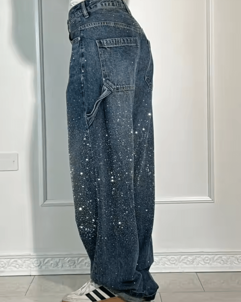 Jeans Mujer Corte Globo con Brillo Estilo Carpenter