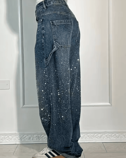 Jeans Mujer Corte Globo con Brillo Estilo Carpenter