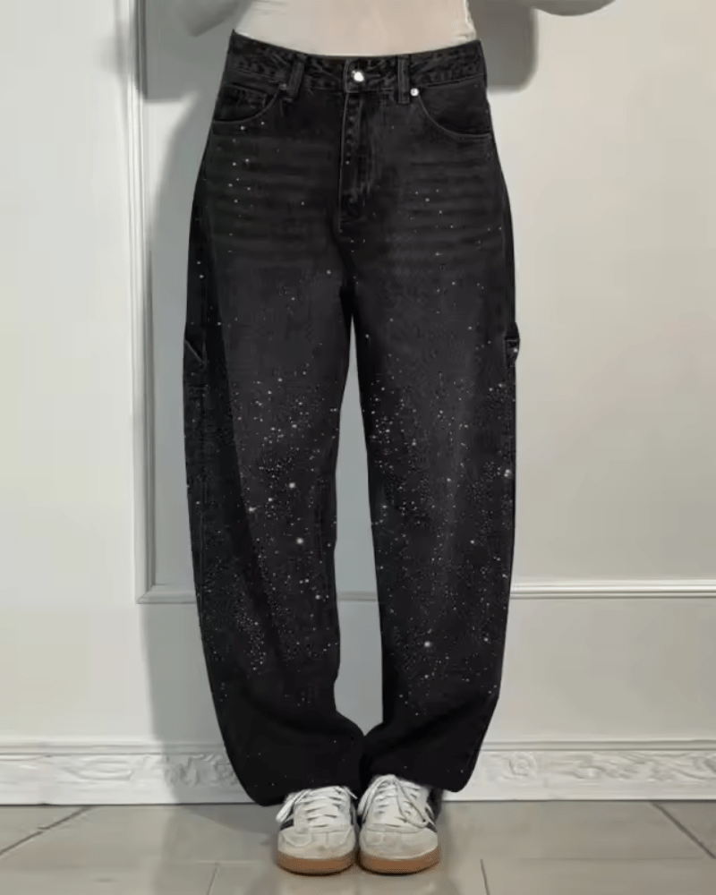Jeans Mujer Corte Globo con Brillo Estilo Carpenter