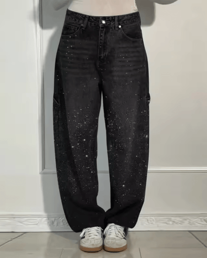 Jeans Mujer Corte Globo con Brillo Estilo Carpenter