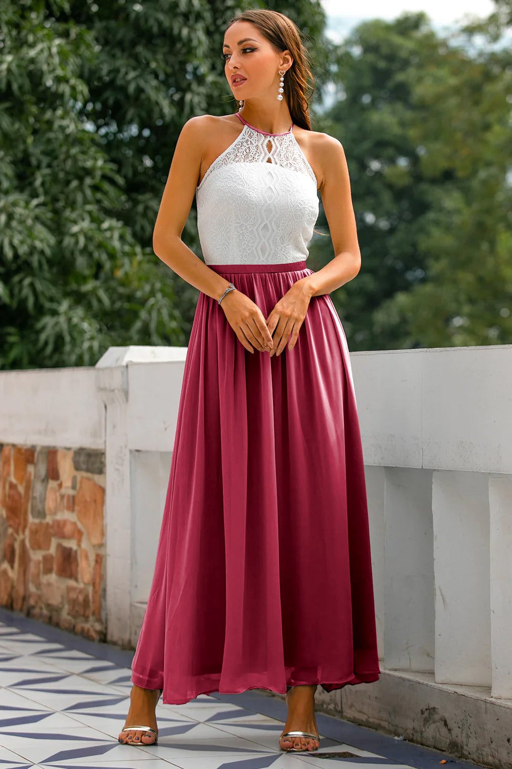 Vestido maxi mujer de encaje cuello halter