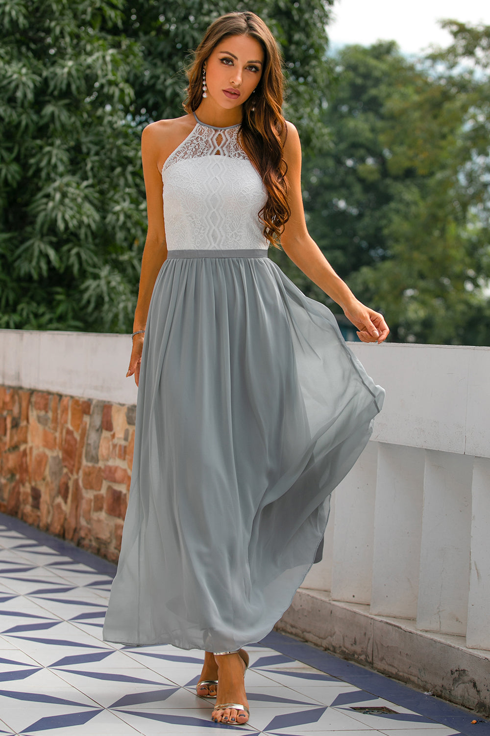 Vestido maxi mujer de encaje cuello halter