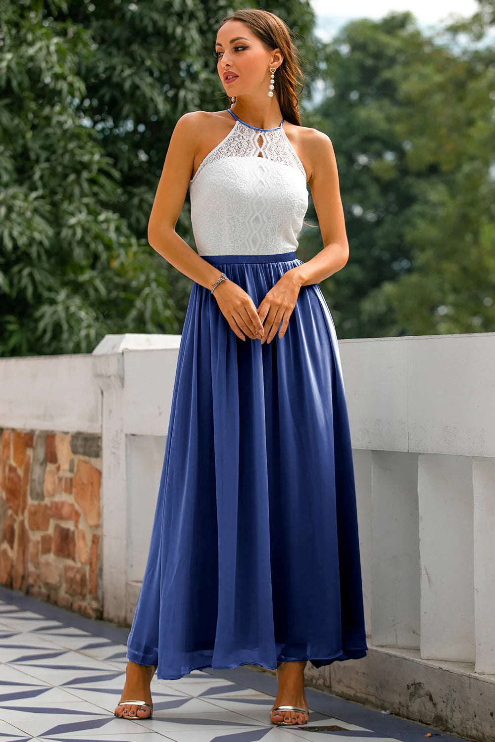 Vestido maxi mujer de encaje cuello halter