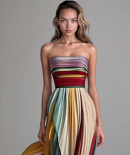 Vestido palabra de honor Mujer con plisado y diseño bloques
