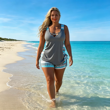 Tankini mujer de dos piezas escote en V estampado geométrico