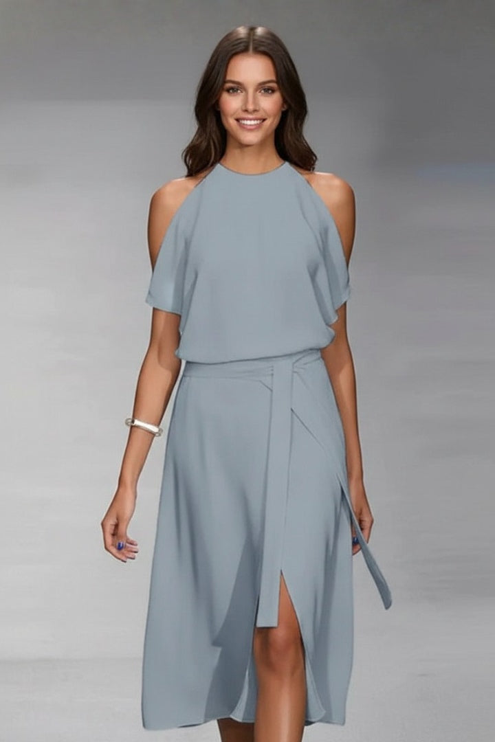 Vestido Midi Mujer Asimétrico Halter con Cinturón