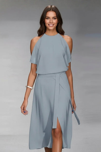 Vestido Midi Mujer Asimétrico Halter con Cinturón