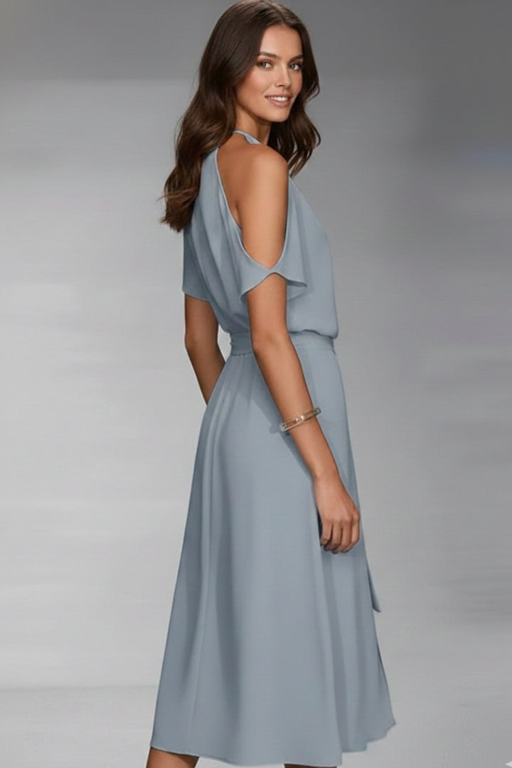 Vestido Midi Mujer Asimétrico Halter con Cinturón