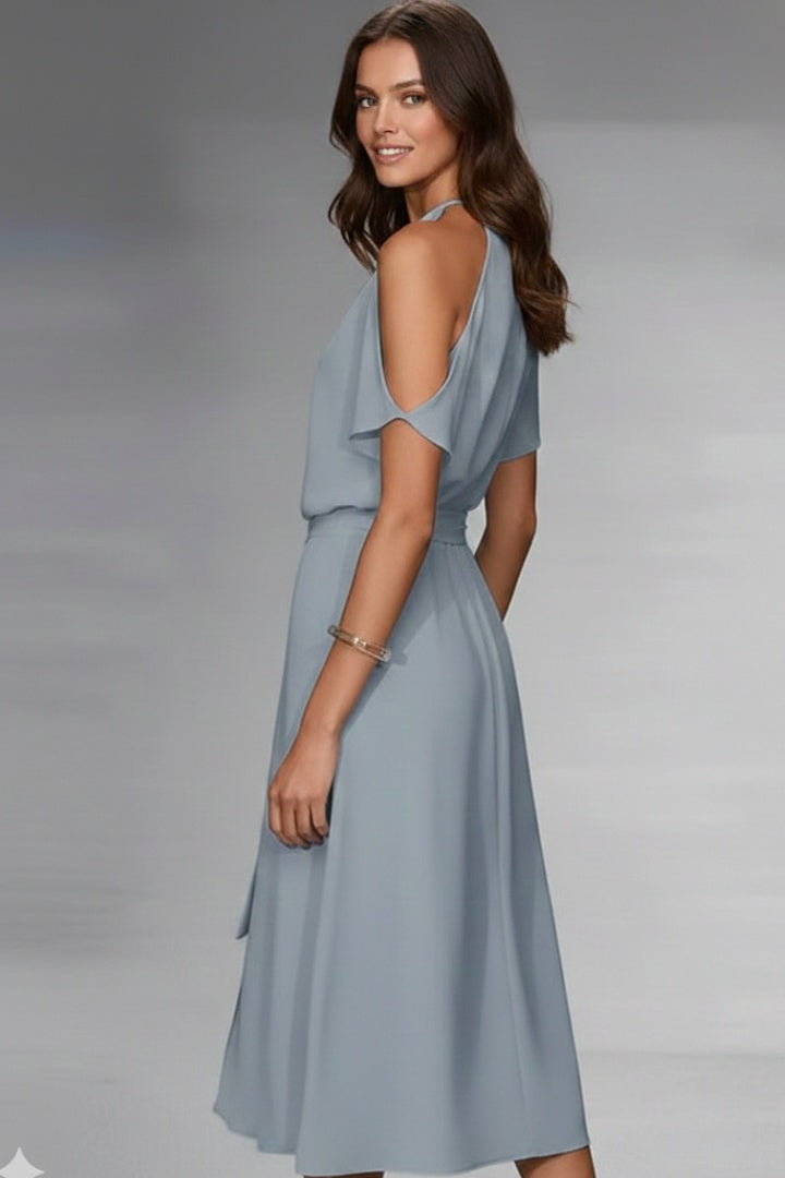 Vestido Midi Mujer Asimétrico Halter con Cinturón