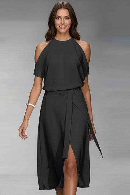 Vestido Midi Mujer Asimétrico Halter con Cinturón