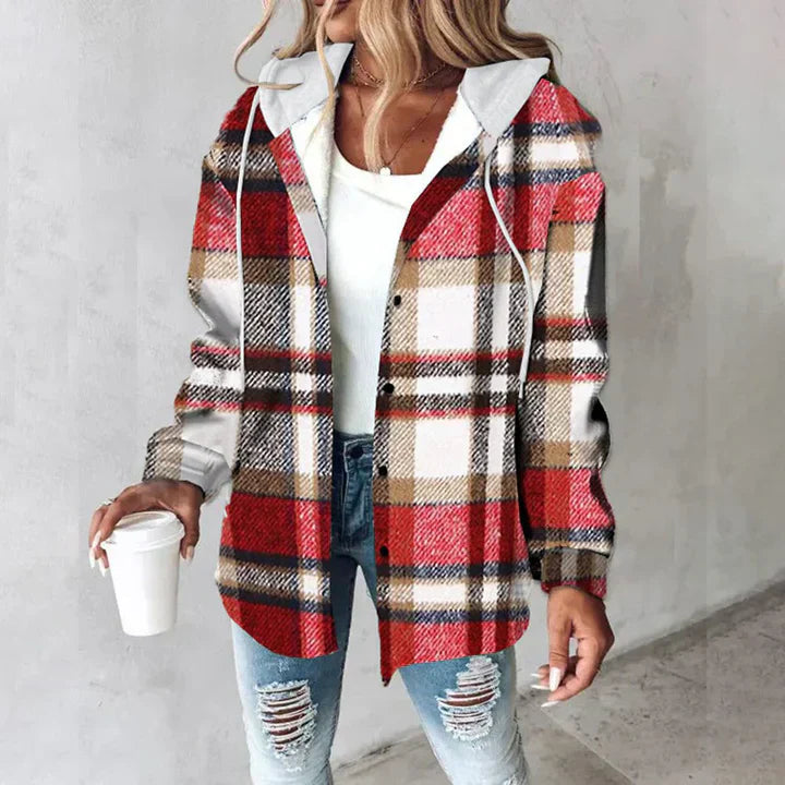 Chaqueta mujer con capucha y estampado cuadros casual cálida
