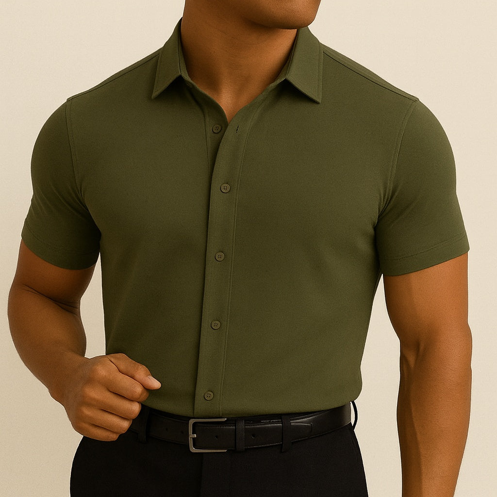 Camisa de Vestir Hombre Algodón Manga Corta Slim Fit