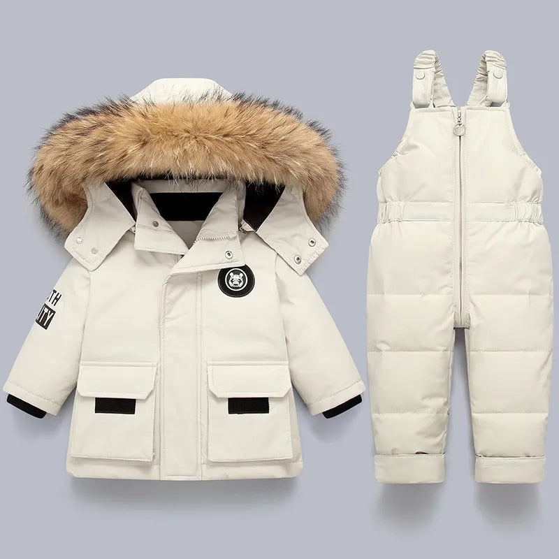 Mono de esquí niño y niña con capucha de piel sintética invierno
