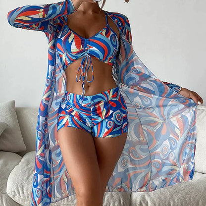 Conjunto Playa Mujer Bikini Estampado Shorts Kimono