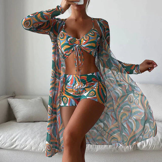 Conjunto Playa Mujer Bikini Estampado Shorts Kimono - Mavetta