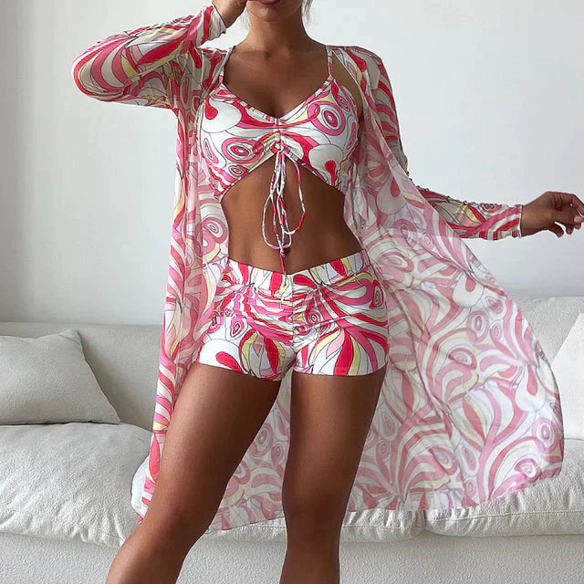 Conjunto Playa Mujer Bikini Estampado Shorts Kimono