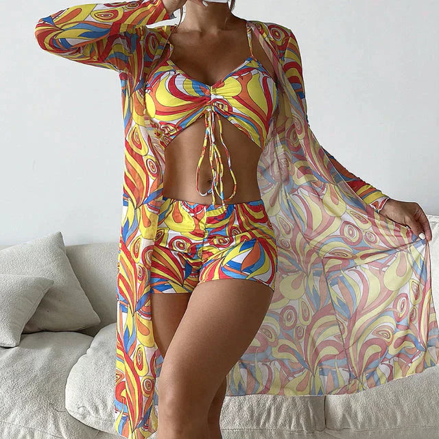 Conjunto Playa Mujer Bikini Estampado Shorts Kimono