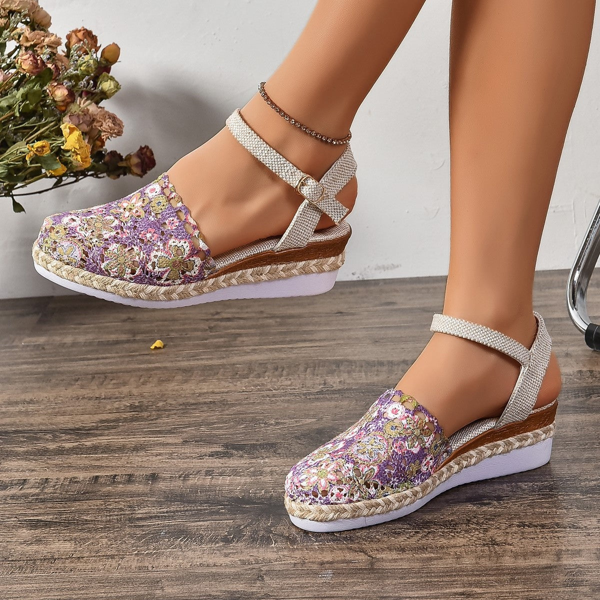 Alpargatas Planas Mujer Estampado Floral Tiras Cruzadas