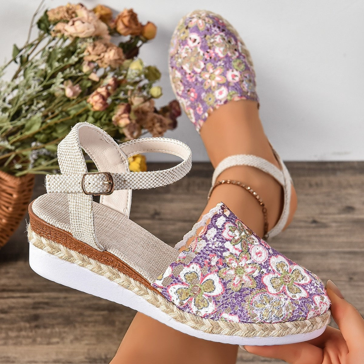 Alpargatas Planas Mujer Estampado Floral Tiras Cruzadas - Mavetta