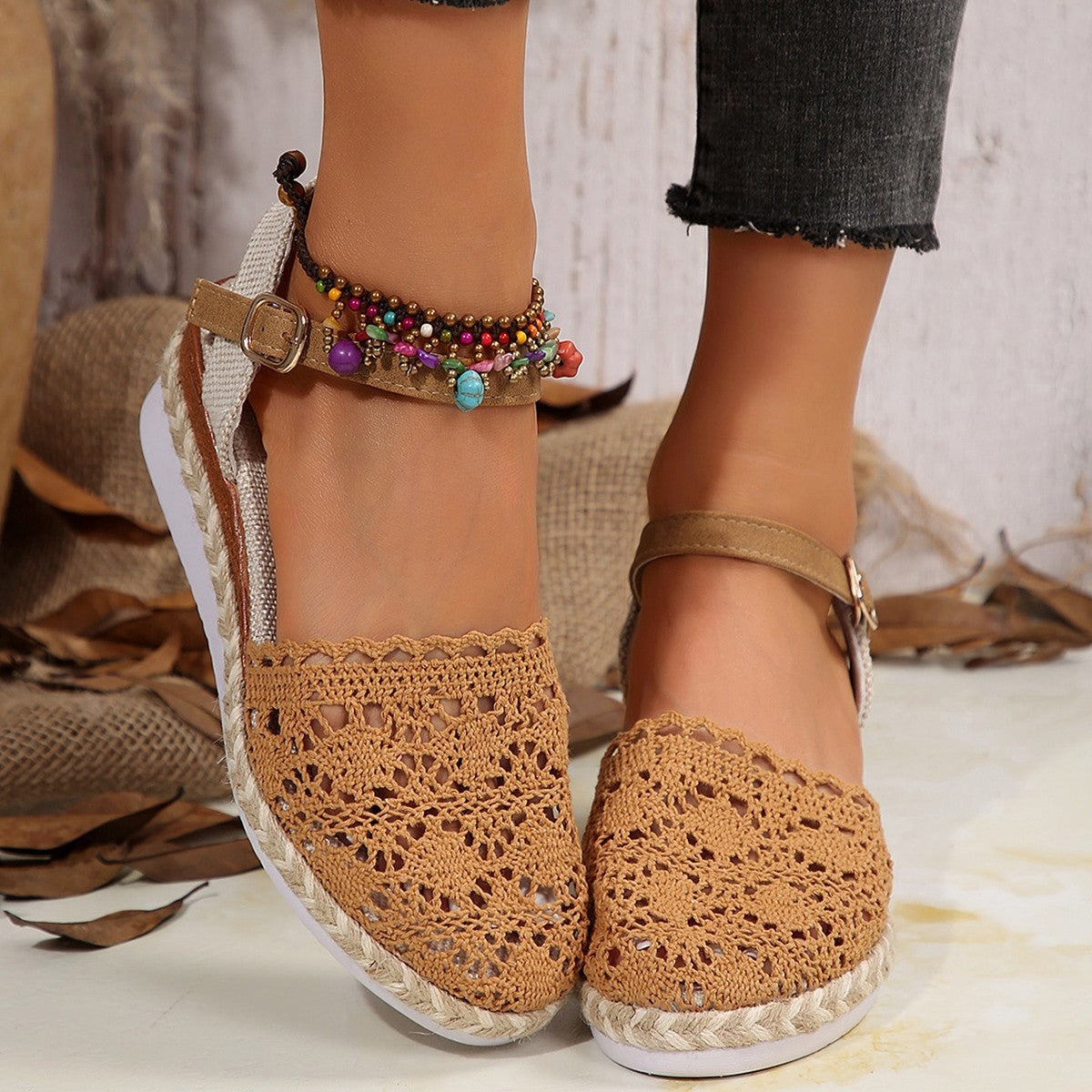 Alpargatas Planas Mujer Estampado Floral Tiras Cruzadas