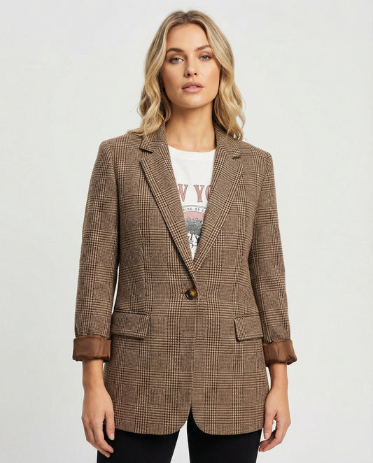 Blazer Mujer Estructurado Botón Tela Cuadros - Mavetta