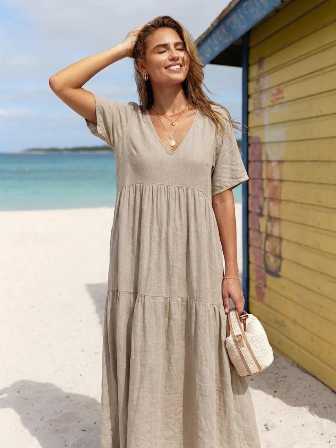 Vestido largo mujer capas escote en v estilo bohemio
