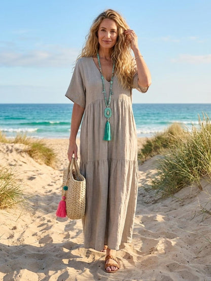 Vestido largo mujer capas escote en v estilo bohemio