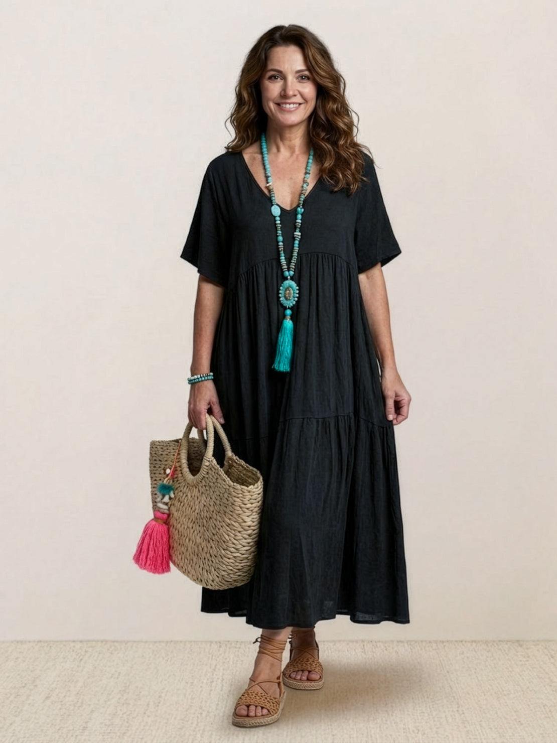 Vestido largo mujer capas escote en v estilo bohemio