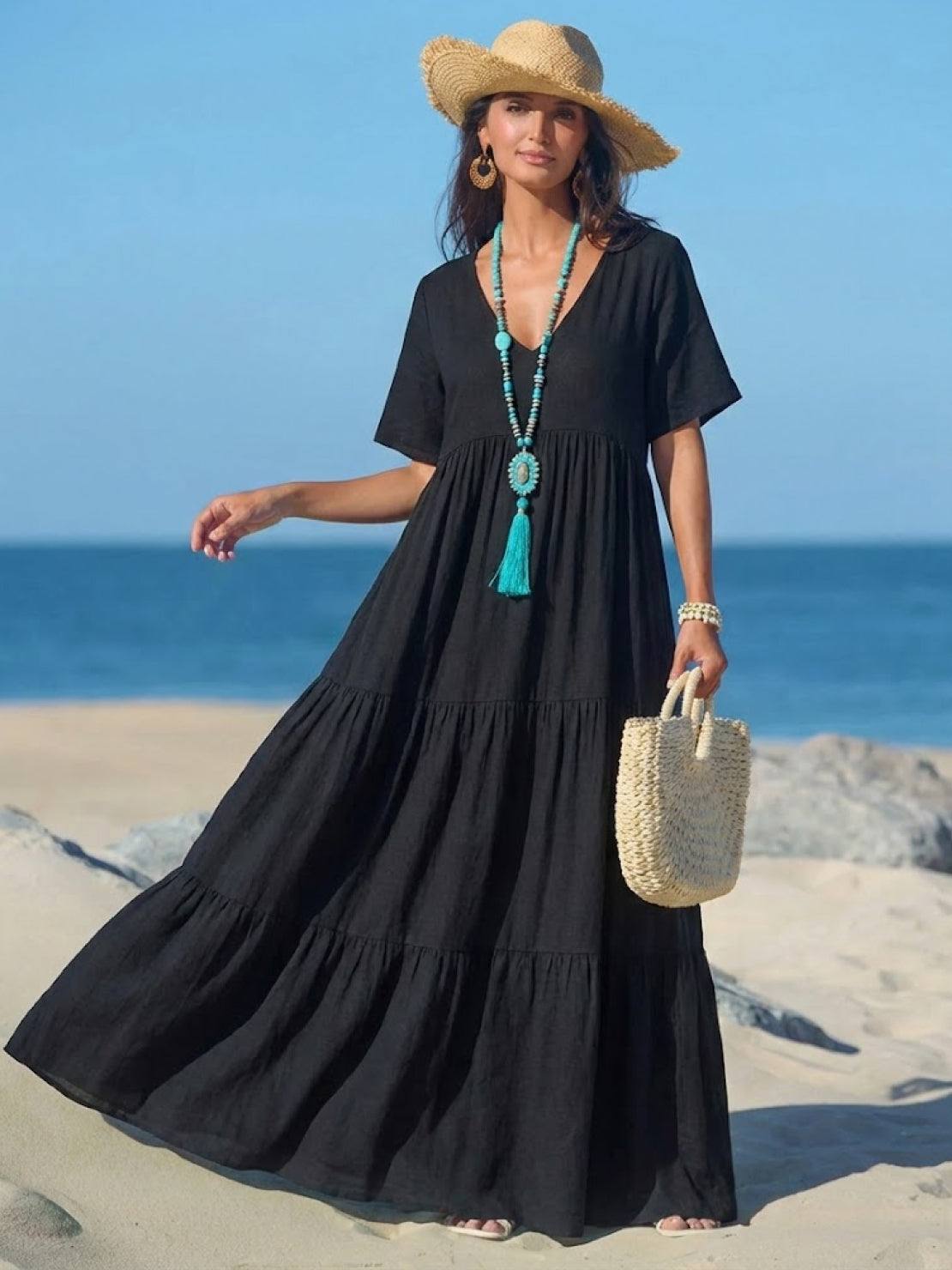 Vestido largo mujer capas escote en v estilo bohemio