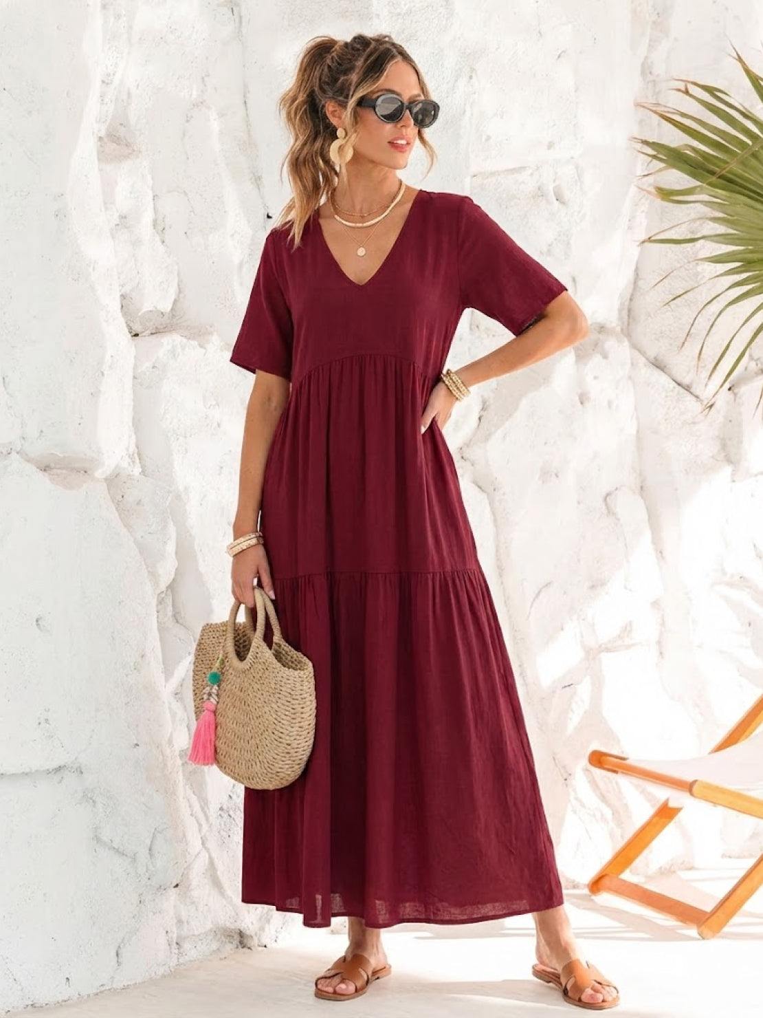 Vestido largo mujer capas escote en v estilo bohemio