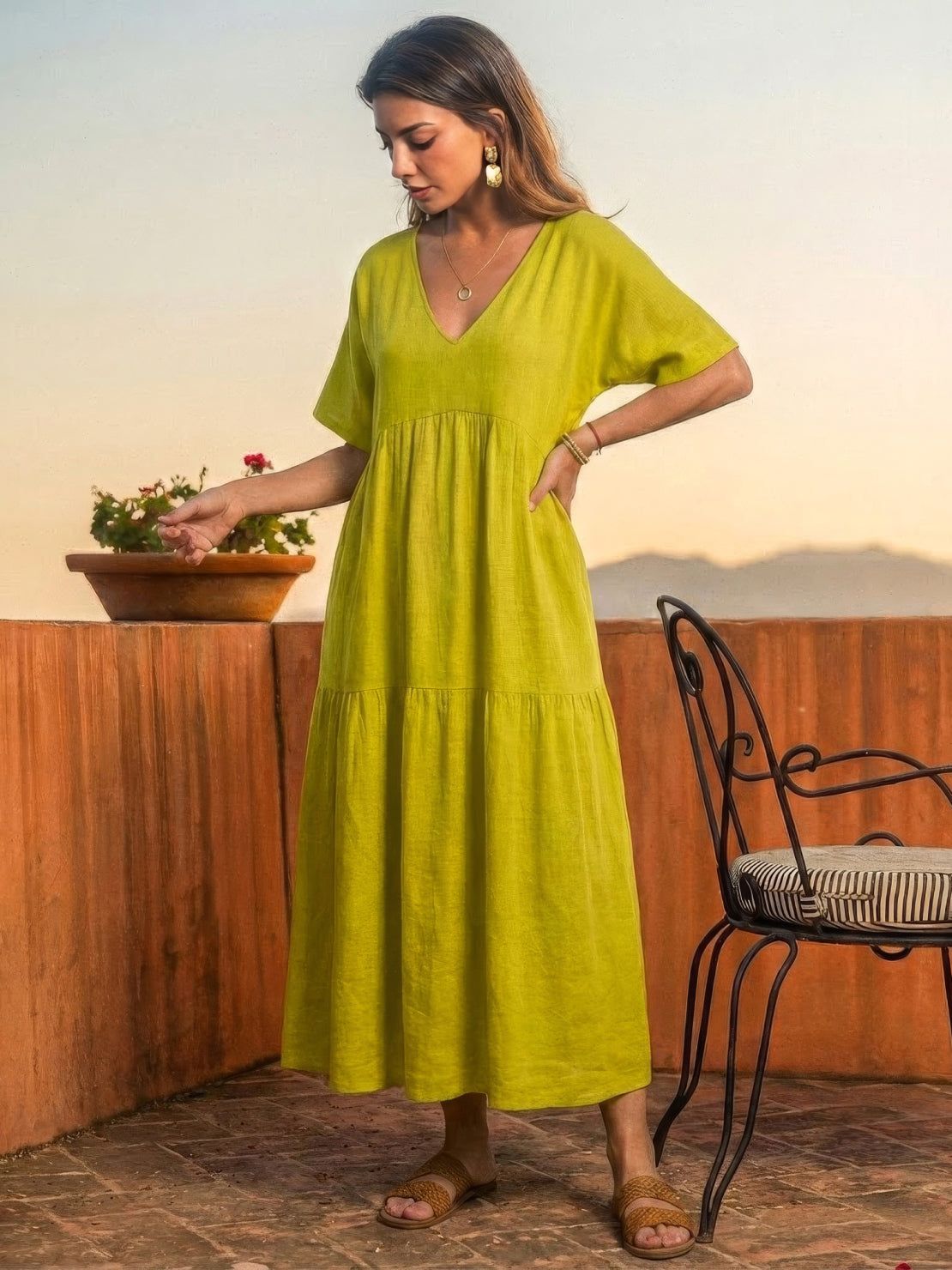 Vestido largo mujer capas escote en v estilo bohemio