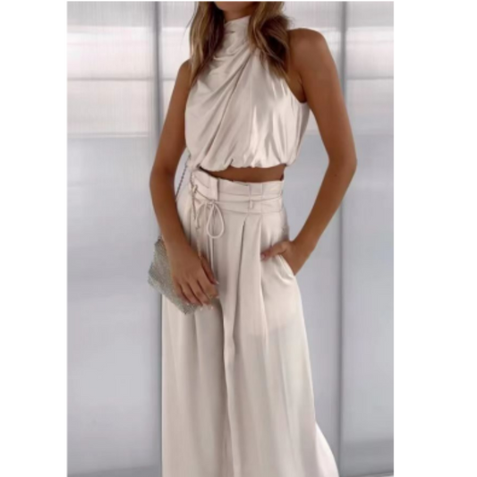 Conjunto Mujer Crop Cuello Alto y Pantalón Palazzo - Mavetta