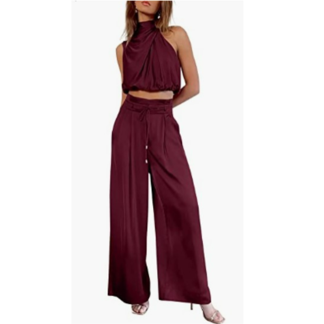 Conjunto Mujer Crop Cuello Alto y Pantalón Palazzo