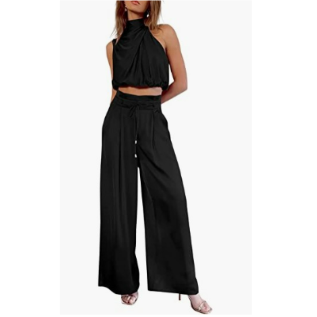Conjunto Mujer Crop Cuello Alto y Pantalón Palazzo