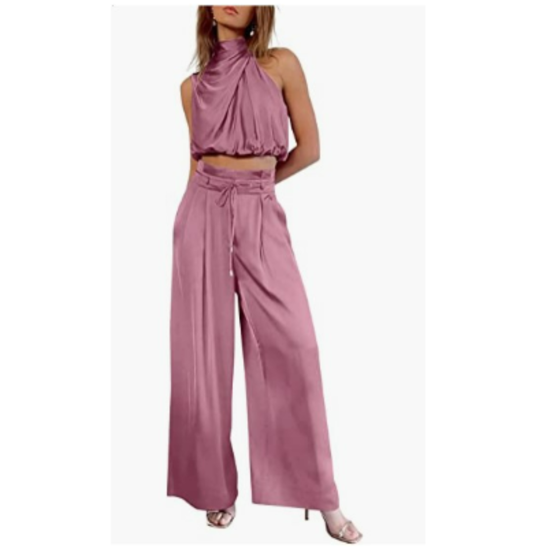 Conjunto Mujer Crop Cuello Alto y Pantalón Palazzo