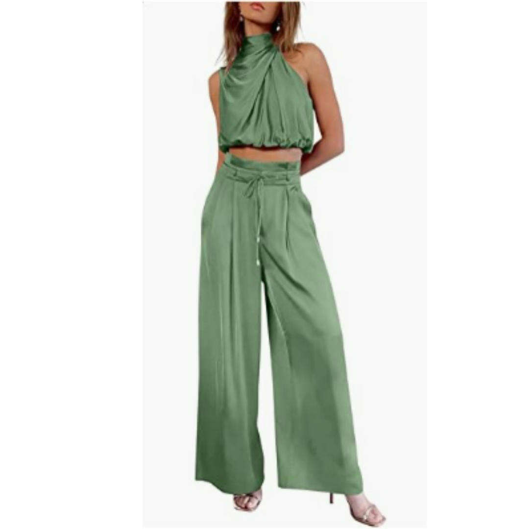 Conjunto Mujer Crop Cuello Alto y Pantalón Palazzo