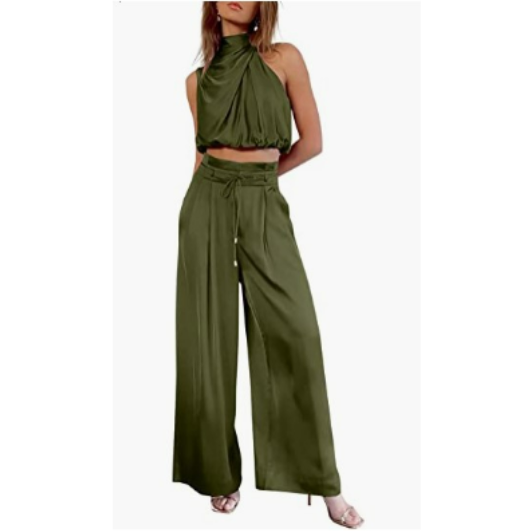 Conjunto Mujer Crop Cuello Alto y Pantalón Palazzo