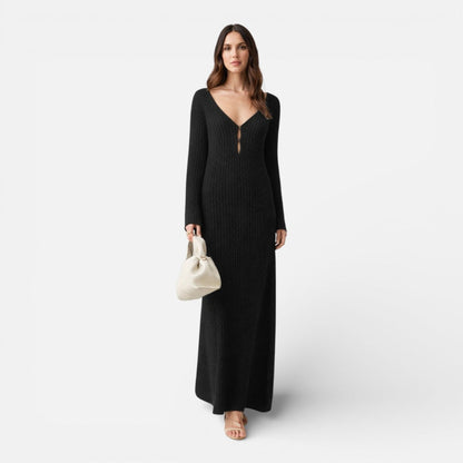 Vestido Largo Mujer de Punto Escote en V Manga Larga - Mavetta