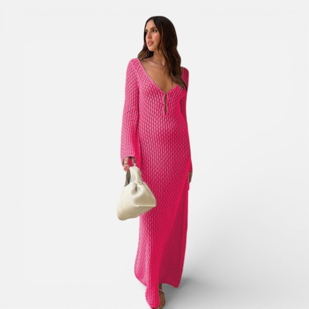 Vestido Largo Mujer de Punto Escote en V Manga Larga