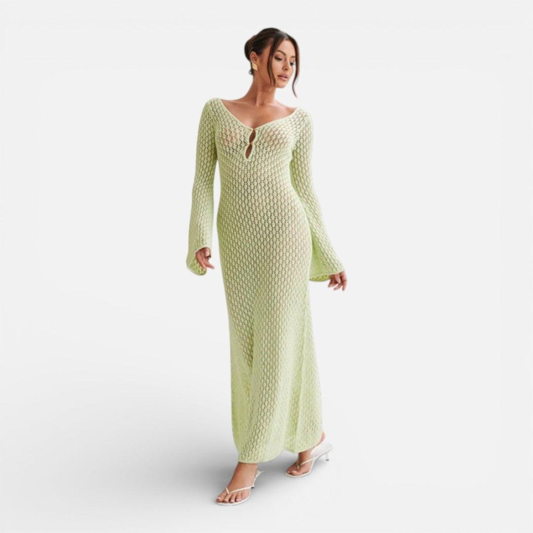 Vestido Largo Mujer de Punto Escote en V Manga Larga