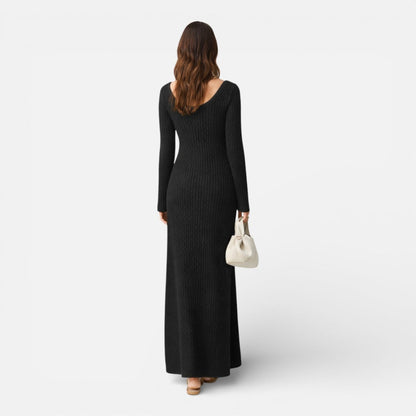 Vestido Largo Mujer de Punto Escote en V Manga Larga