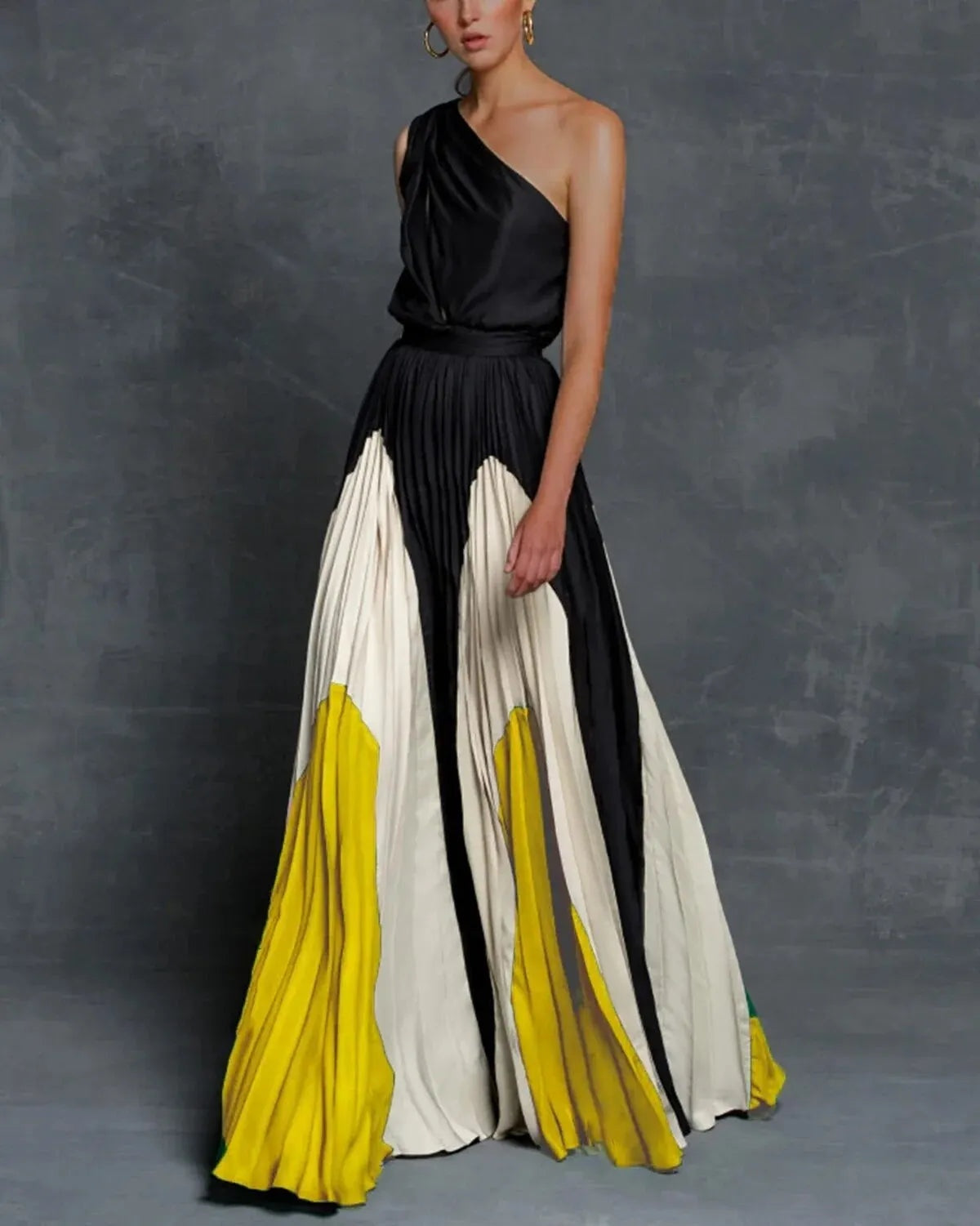 Vestido Largo Mujer Plisado Un Hombro - Mavetta