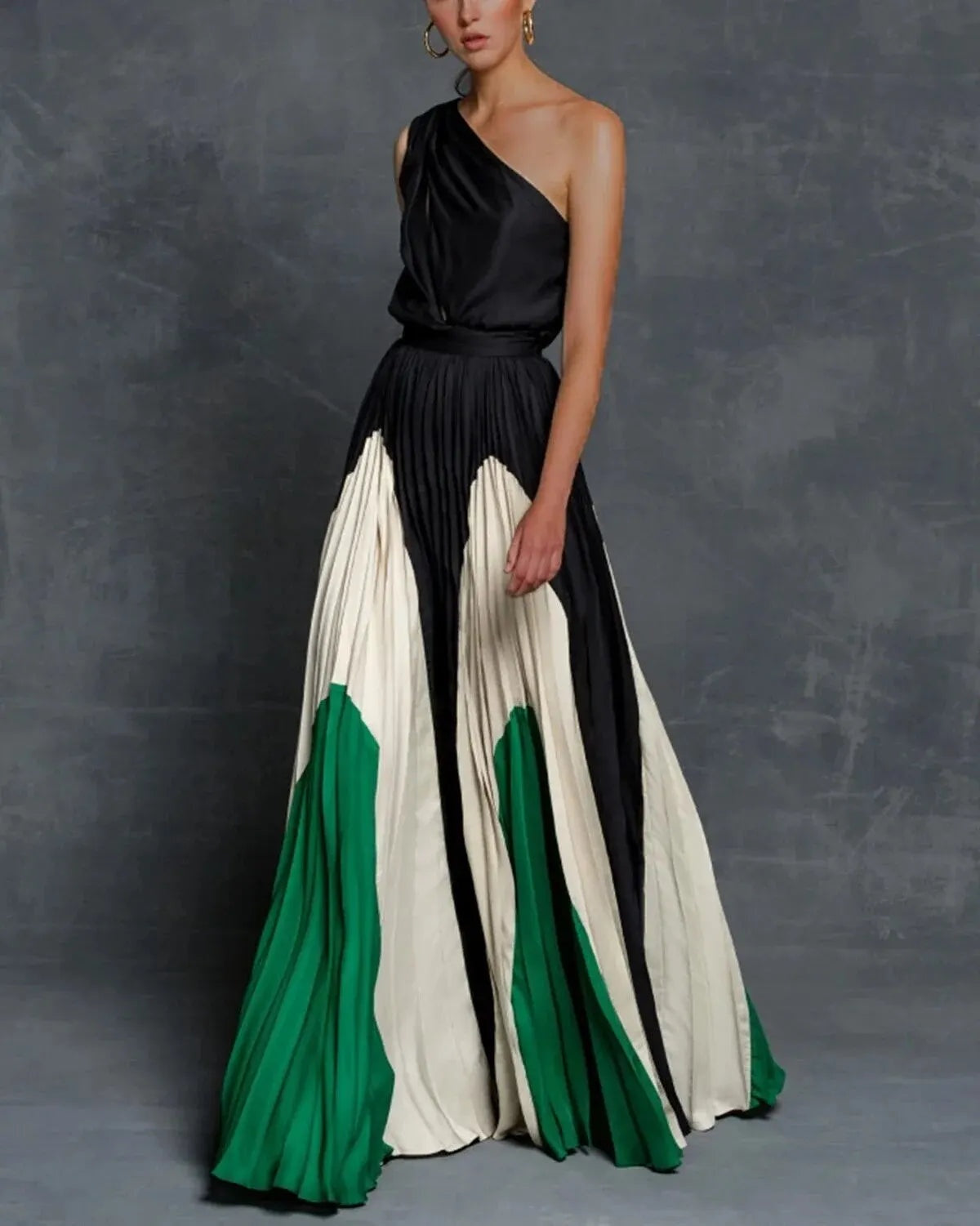 Vestido Largo Mujer Plisado Un Hombro