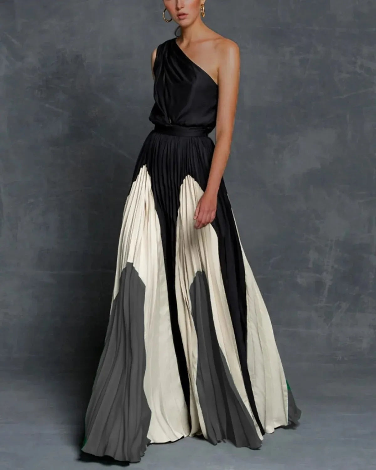 Vestido Largo Mujer Plisado Un Hombro