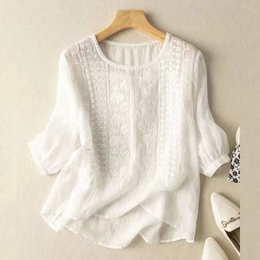 Blusa Mujer Bordada Manga Tres Cuartos Cuello Redondo - Mavetta