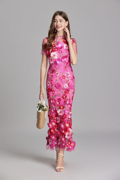 Vestido Largo Mujer Floral Bordado Manga Corta - Mavetta